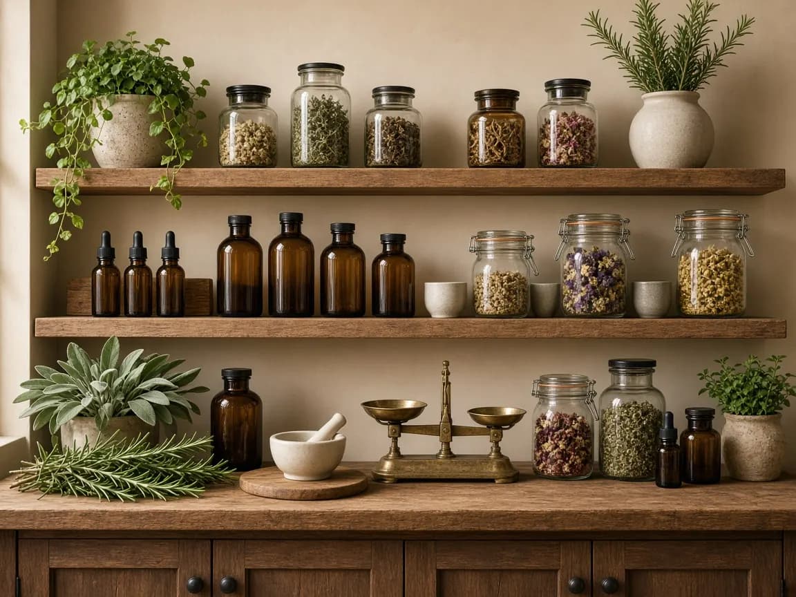 Wooden apothecary shelves with unlabeled glass jars of dried herbs