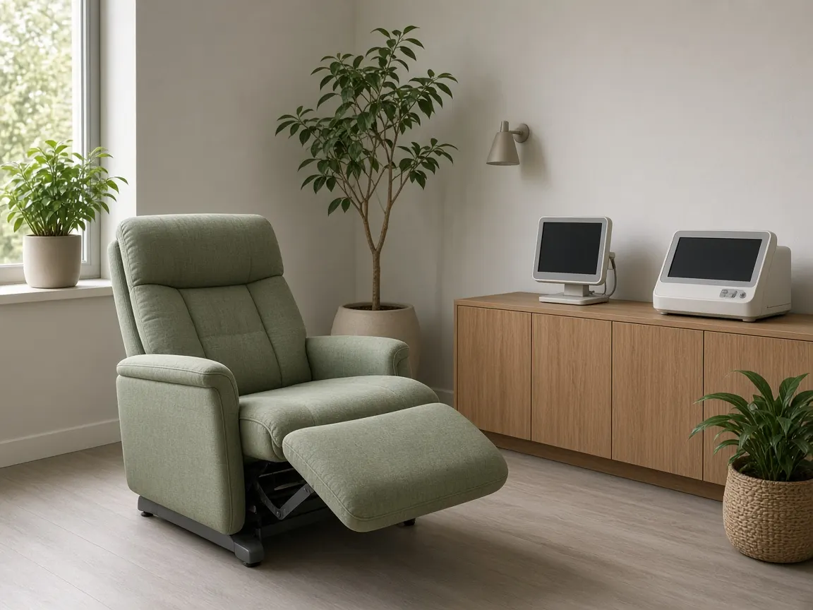 A sage recliner beside a wood cabinet and plants in a treatment room