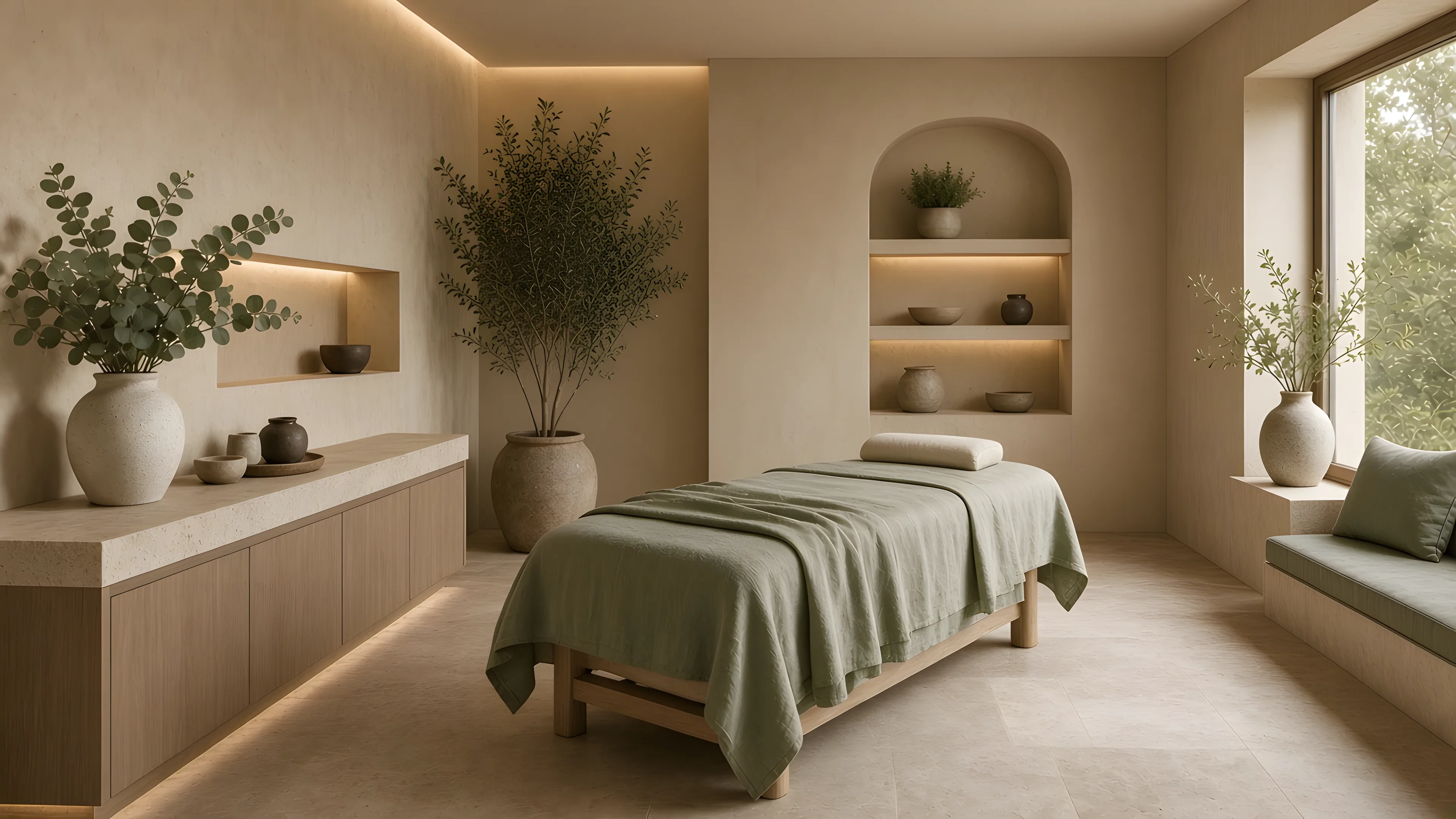 A calm treatment room with a linen-covered table, eucalyptus, and warm daylight