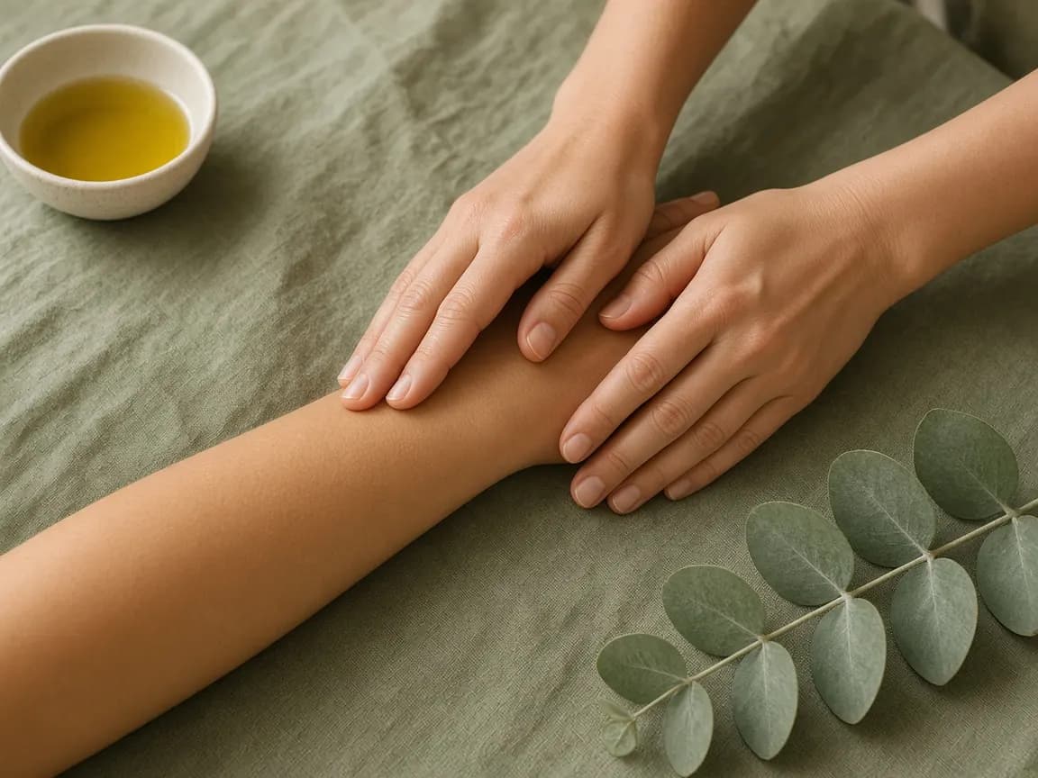 Hands resting on a forearm during a gentle massage on sage linen
