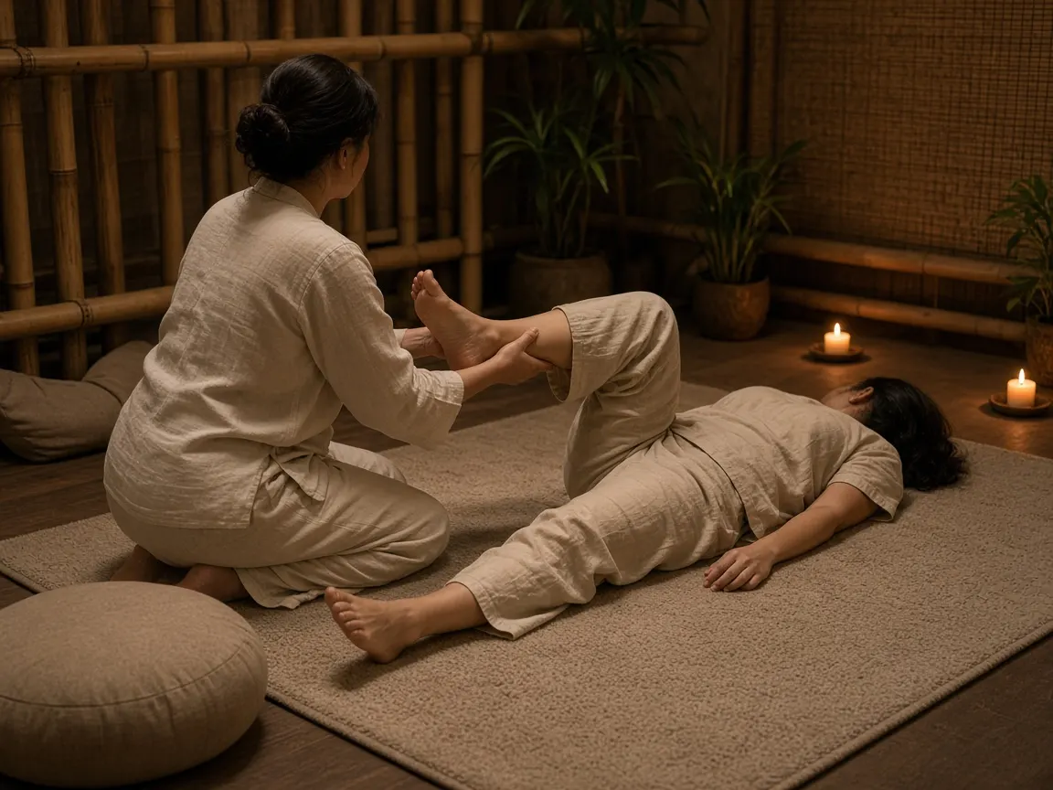 A practitioner supporting a client's leg in a passive stretch on a floor mat